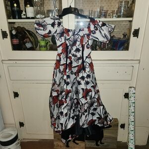 Badgley Mischka Floral High Low Dress - Red, Black, White